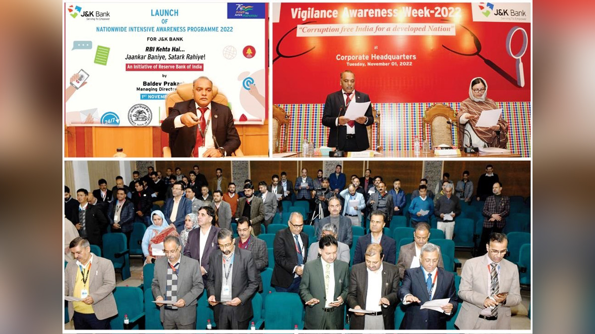 Srinagar, Baldev Prakash, MD & CEO J&K Bank, Reserve Bank of India, RBI, Nationwide Awareness Campaign, Nationwide Awareness Campaign 2022, Vigilance Awareness Week, Vigilance Awareness Week 2022, Jammu And Kashmir, Jammu & Kashmir