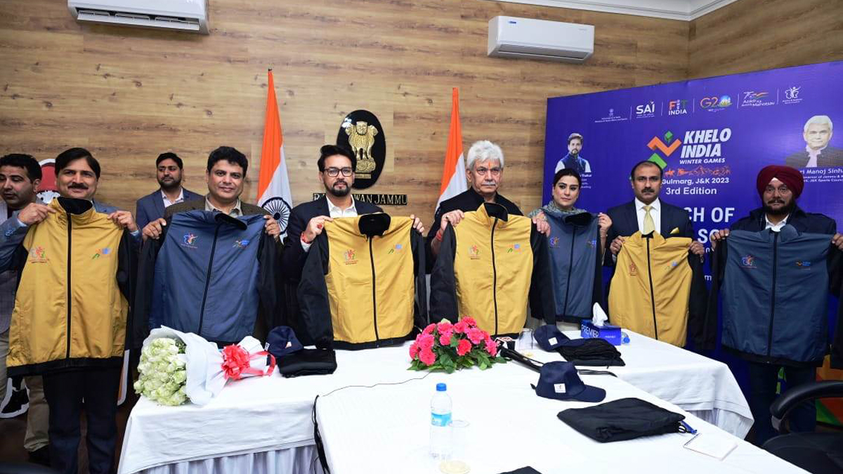 Manoj Sinha, Lieutenant Governor J&K, Raj Bhavan, Jammu, Srinagar, Kashmir, Jammu And Kashmir, Jammu & Kashmir, Anurag Thakur, Anurag Singh Thakur, BJP, Bharatiya Janata Party, Union Minister for Youth Affairs & Sports Information and Broadcasting, 3rd Khelo India National Winter Games Anthem
