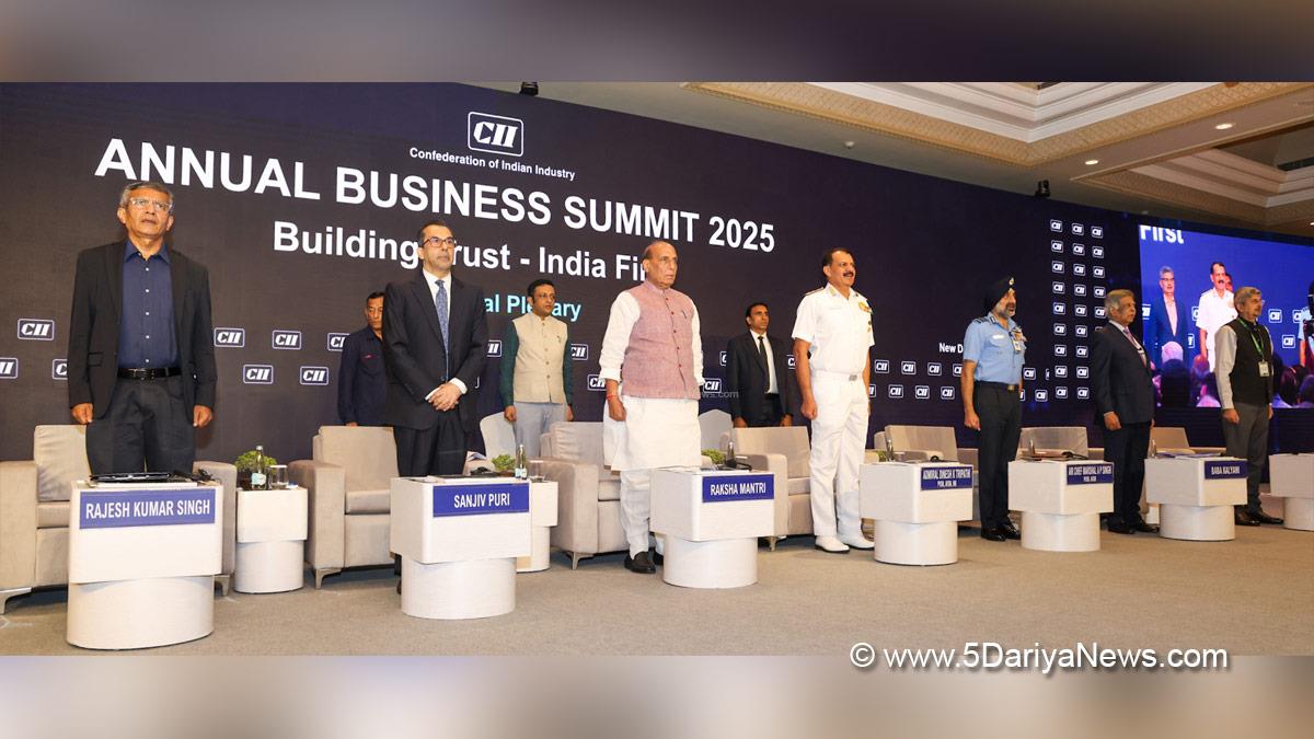 Rajnath Singh, Union Defence Minister, Defence Minister of India, BJP, Bharatiya Janata Party, Advanced Medium Combat Aircraft, AMCA, Confederation of Indian Industry, CII, CII Summit, CII Summit 2025, Indian Defence Sector, Dinesh K Tripathi, Marshal AP Singh, Rajesh Kumar Singh