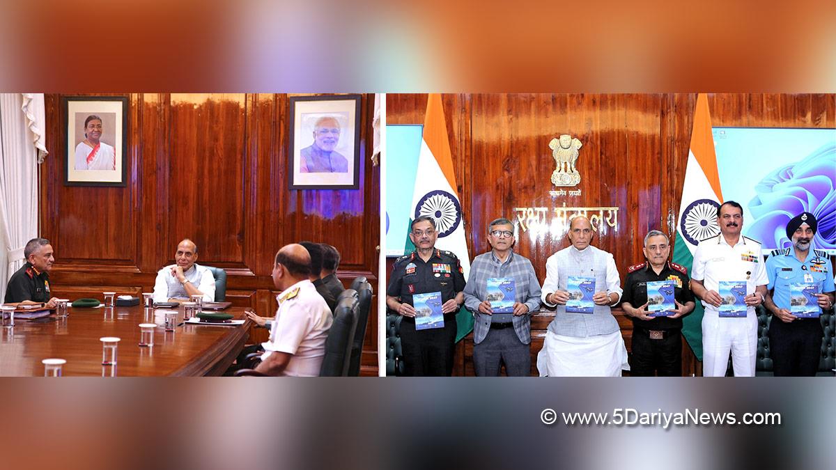 Rajnath Singh, Union Defence Minister, Defence Minister of India, BJP, Bharatiya Janata Party, Military, General Anil Chauhan, Admiral Dinesh K Tripathi, Air Chief Marshal AP Singh, Rajesh Kumar Singh, Lieutenant General Pushpendra Singh, Defence Forces Vision 2047